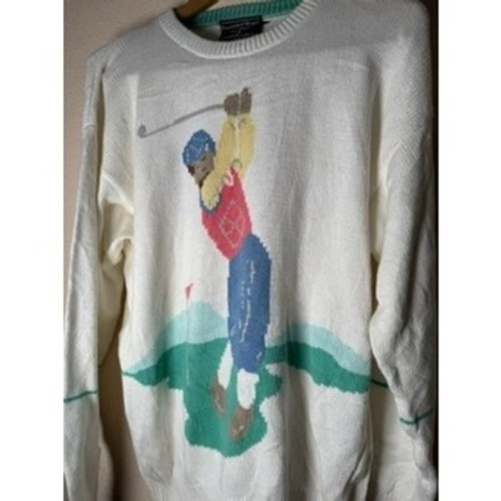 Vintage Preswick & Moore Golf Sweater Mens Crew Neck‎ Ivory Cotton Medium